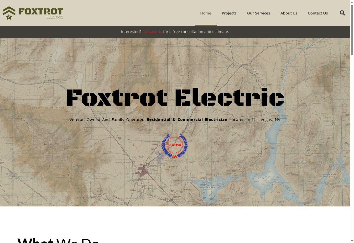 Foxtrot Electric homepage with map backdrop and service navigation