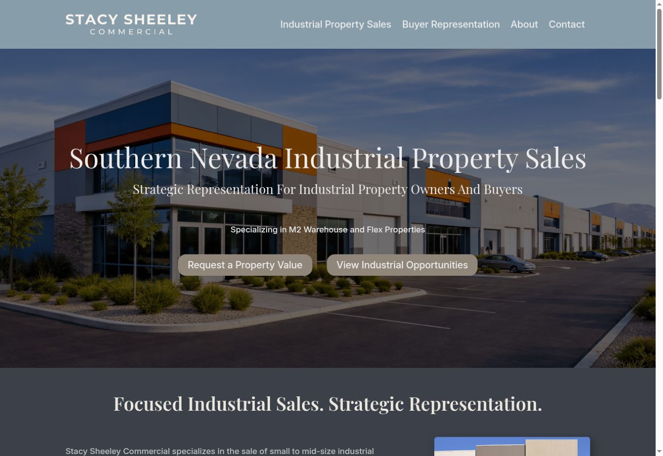 Stacy Sheeley Commercial homepage featuring industrial property imagery